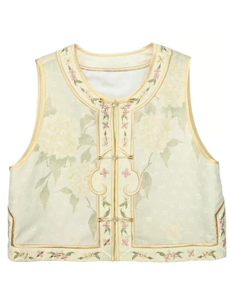 Chemise chinoise + jupe + gilet à manches bouffantes en jacquard