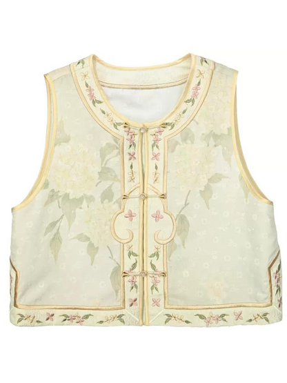 Chemise chinoise + jupe + gilet à manches bouffantes en jacquard