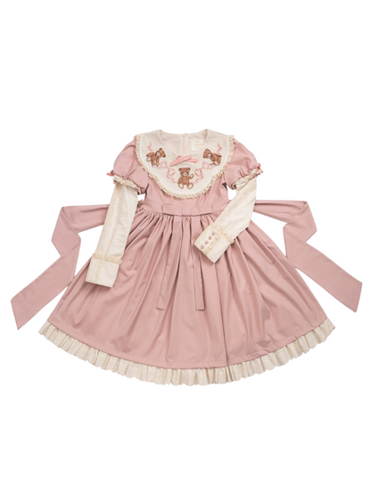 ロリータテディベアフラップレースパフスリーブリボンデレス