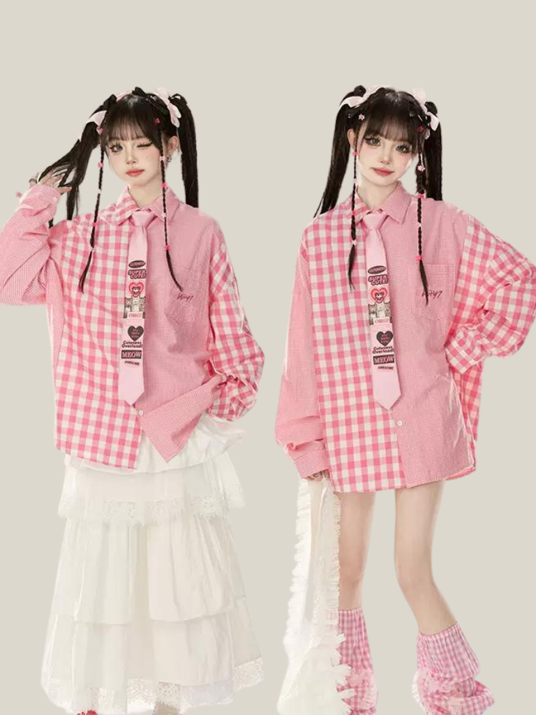 コントラストデニムサスペンダーピンクシャツスカートチェックルーズ+カラー