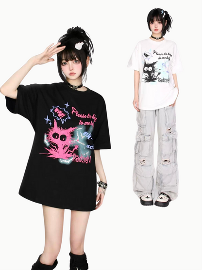 T-shirt imprimé chat couleur contrastée dessin animé