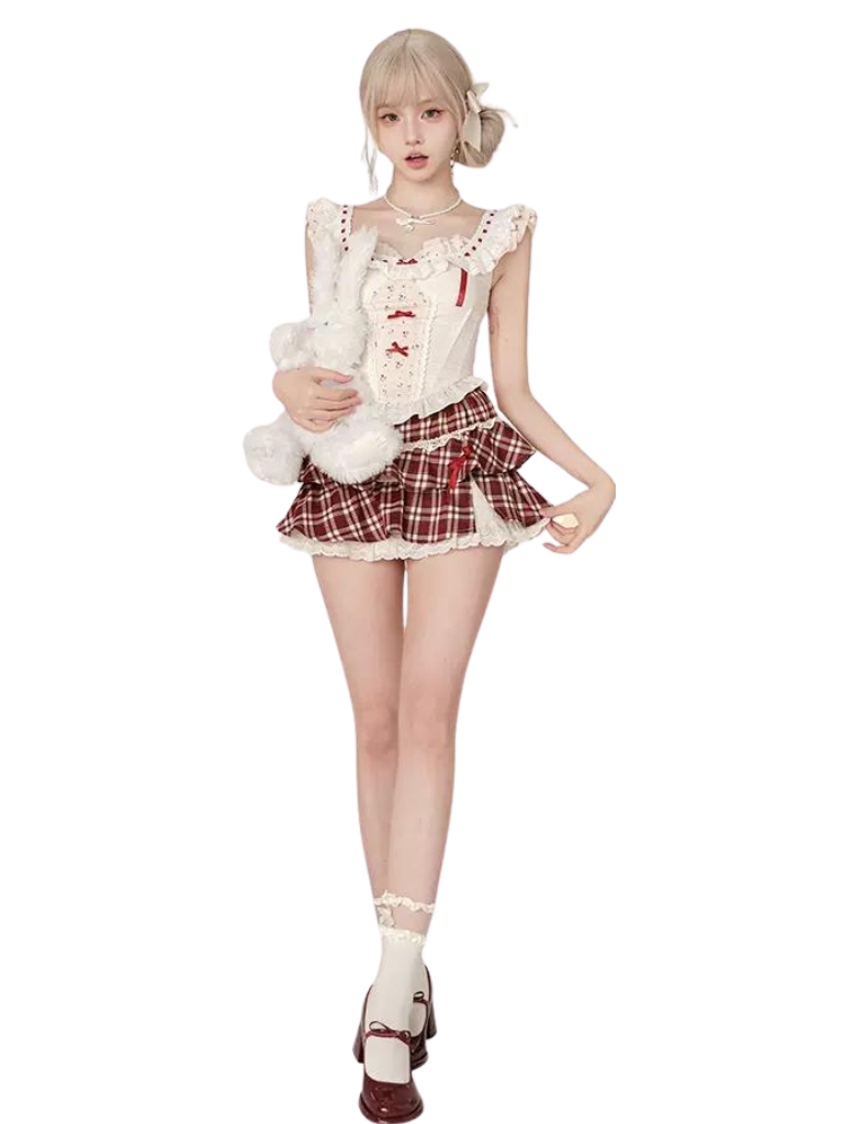 Wine Cherry Red Skirt + Top Waist Vest Cardigan Red Summer Red Check + High Sweet Suit