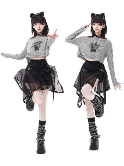 プリントサマーショートスカート イレギュラープルオーバー パンクハイドチュールバタフライ+ニット