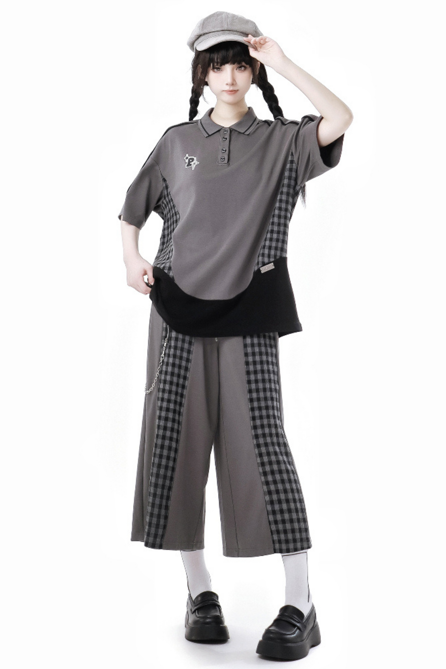 Mode Top Check Pants Skirt Casual Wide +
