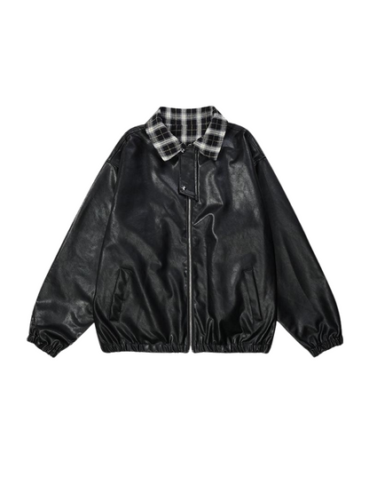 Veste rétro à col à carreaux en cuir ample américain