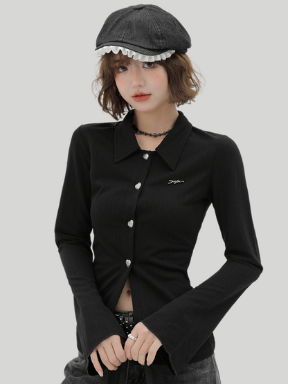 Knit Bell Black Slim Polo Collar Cardigan Sleeve Retro
