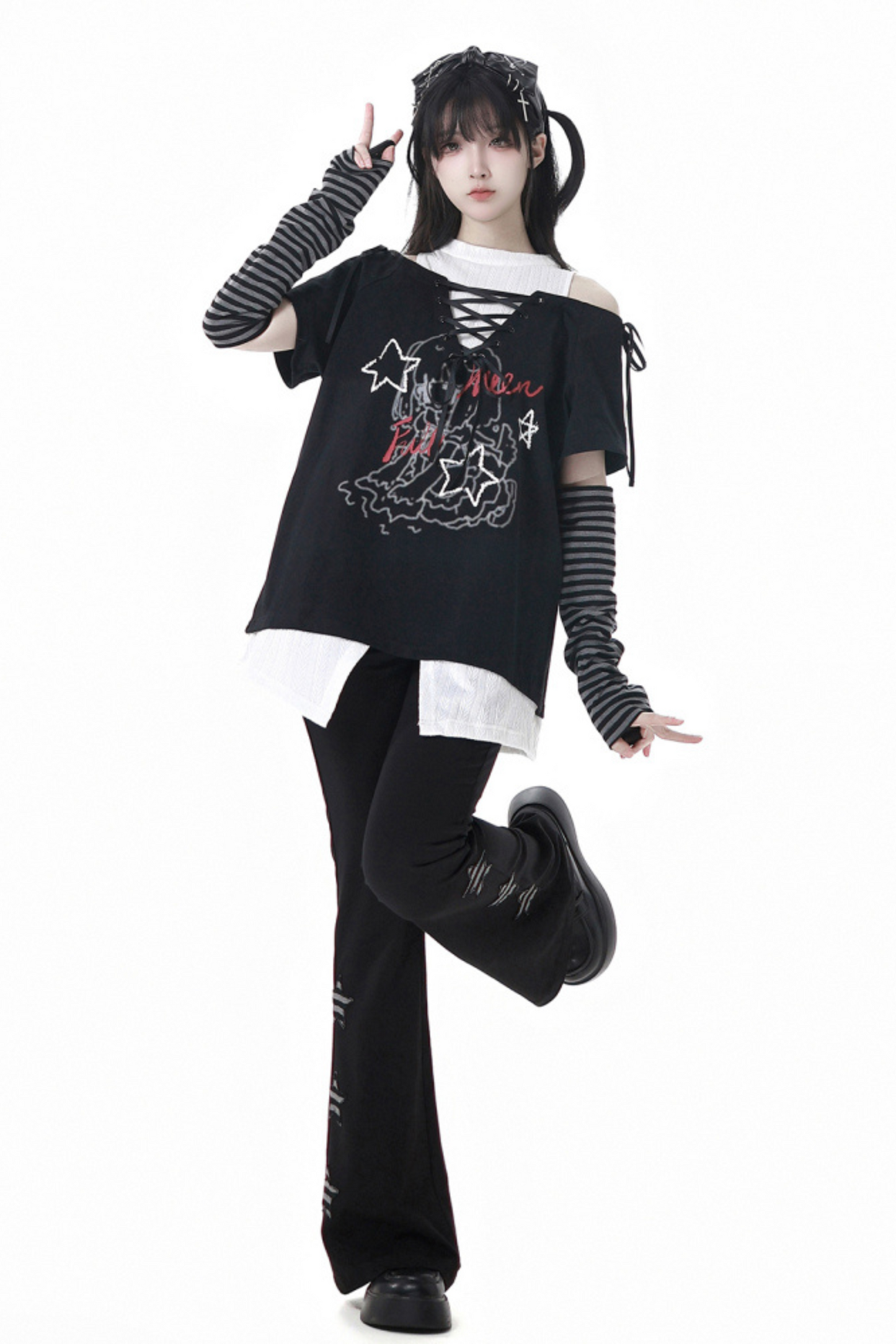 Lace-Up Flared Pants Illustrated Top Subculture + Girl
