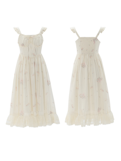 Robe en dentelle florale à volants sur les épaules, veste imprimée romantique