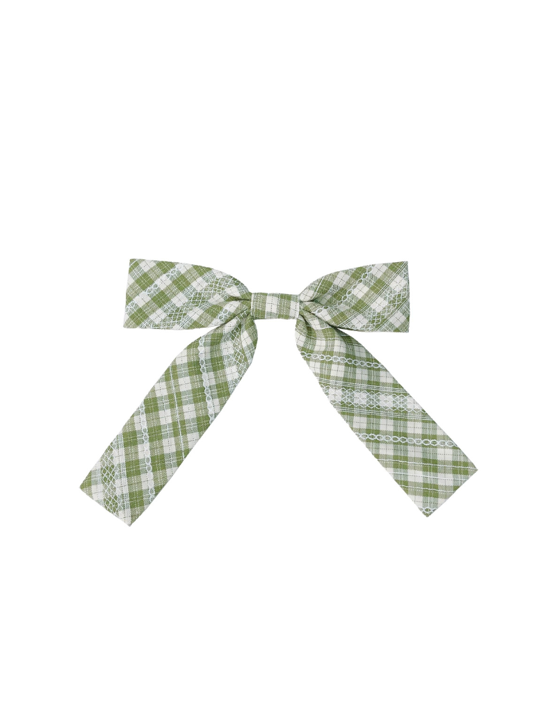 Chemise à col, ruban, carreaux + volants, épaules françaises, vert forêt
