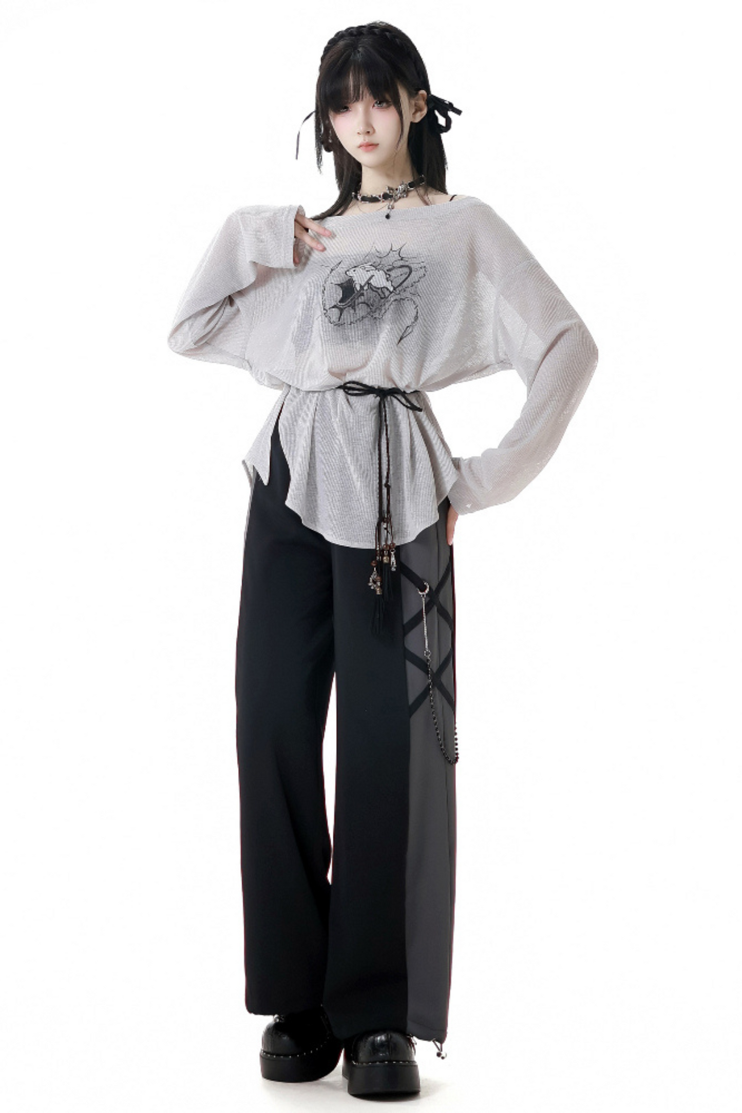 Mode top T-shirt pants wide + design lace-up waist