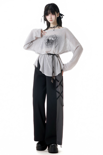 Mode top T-shirt pants wide + design lace-up waist