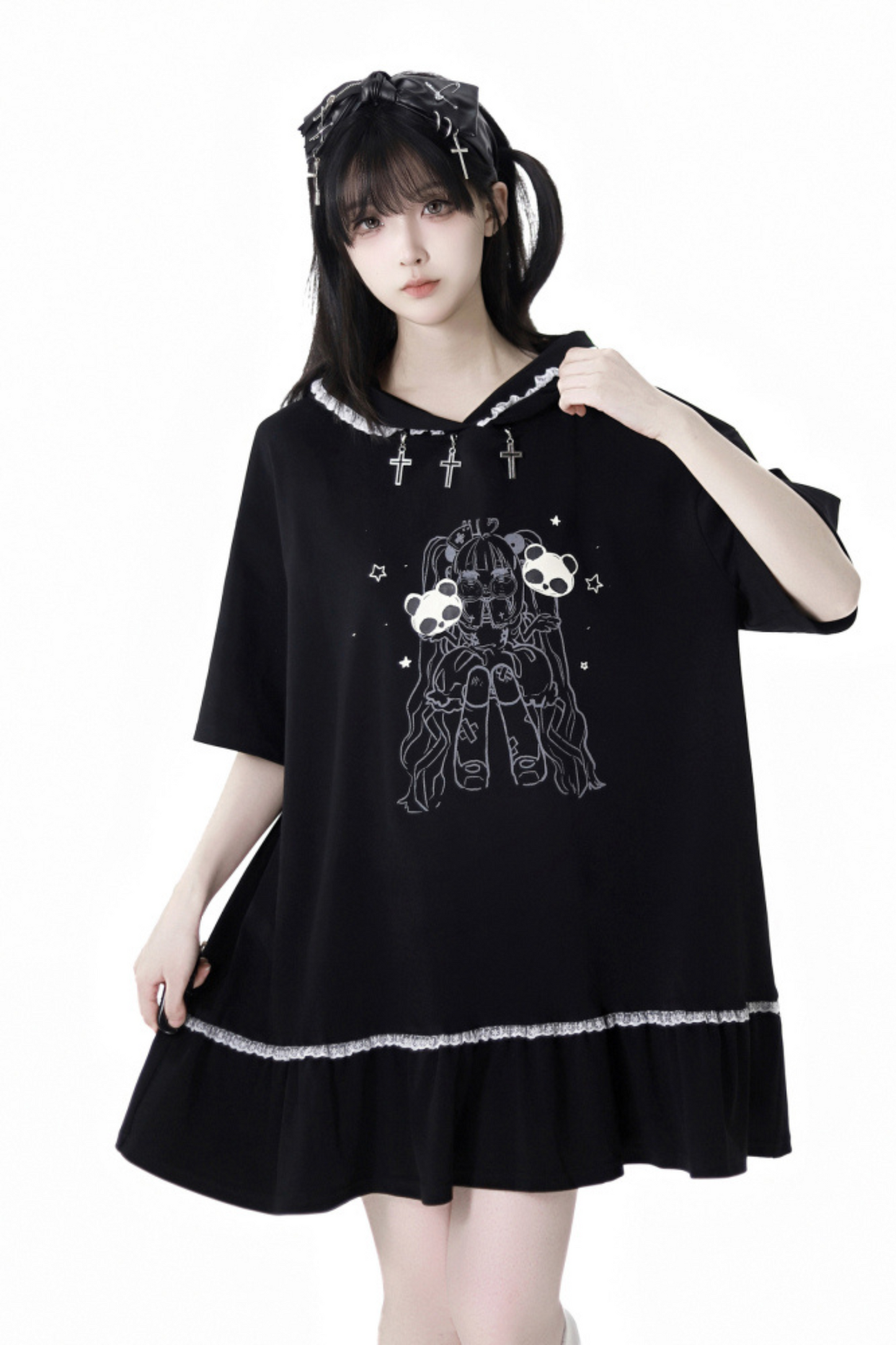 Loose Pants Top Frilled Hooded + Warmers Leg Half Dress Nektor