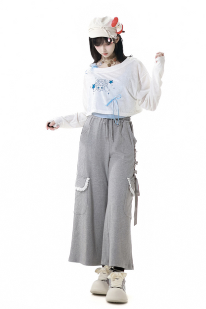 One-shoulder top + pants lace-up camisole