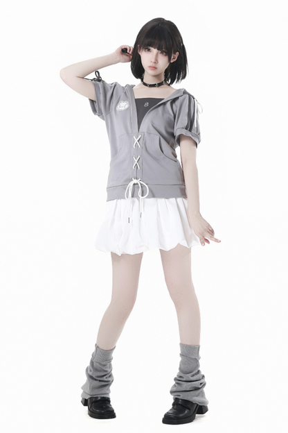 loose Lace-up skirt balloon top hooded t-shirt +