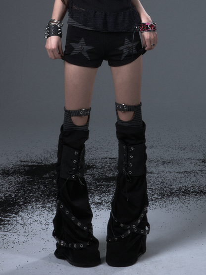 Lace-Up Black Leg Belts Warmers Punk with Studded Metal Knit