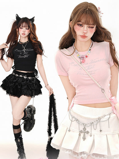 Pink/Black Rhinestone Letters Lace-up Detail Crop Top