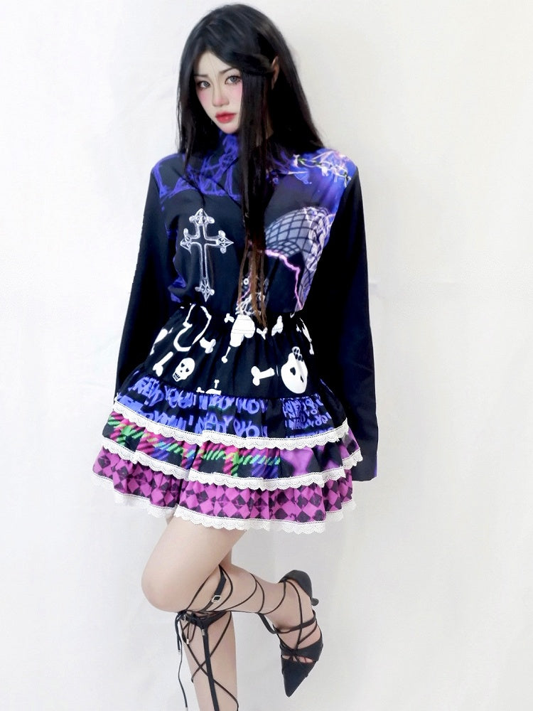 And Red Diamond Heart Pattern Print Y2K Skeleton Skirt Rose Bone Tiered