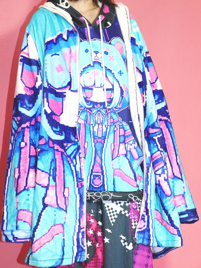 Blueberry Y2K Blaue Kapuzenjacke mit Bären-Print, Cartoon