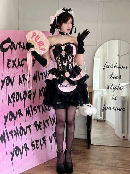 Black and Pink Lace-up Princess Strapless Corset Top / Black Lace Bloomers