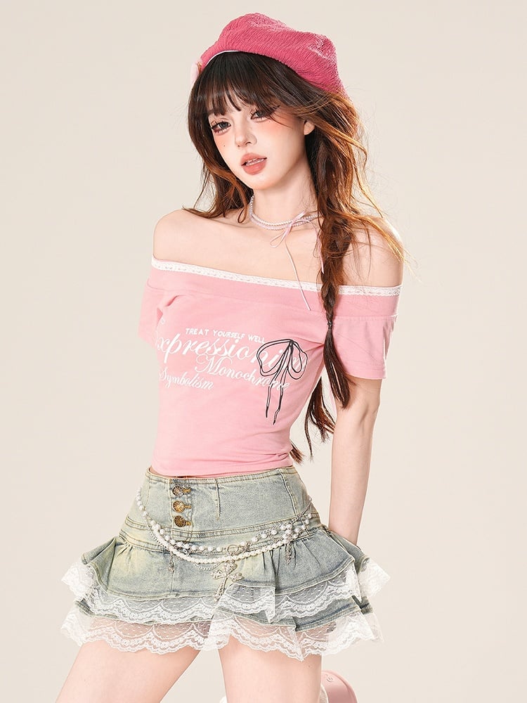 Lace Fashion Black/White/Pink Gyaru T-shirt Neckline Trim Off-the-shoulder Glamorous