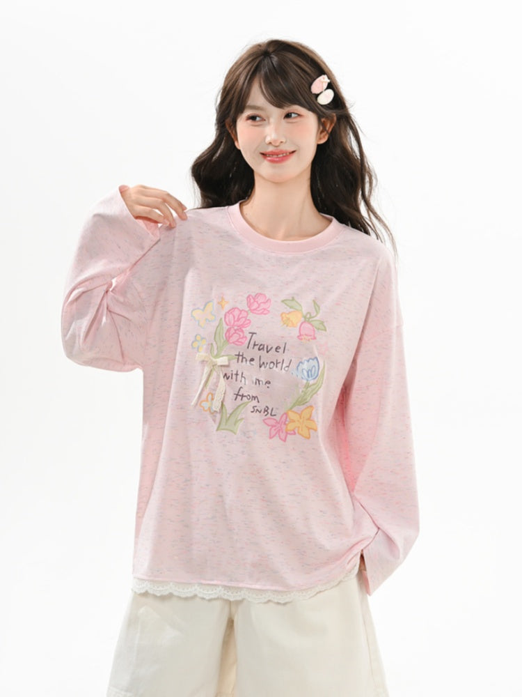 Round Sweet Floral Print Lace Trim Biege/Pink Neck Top