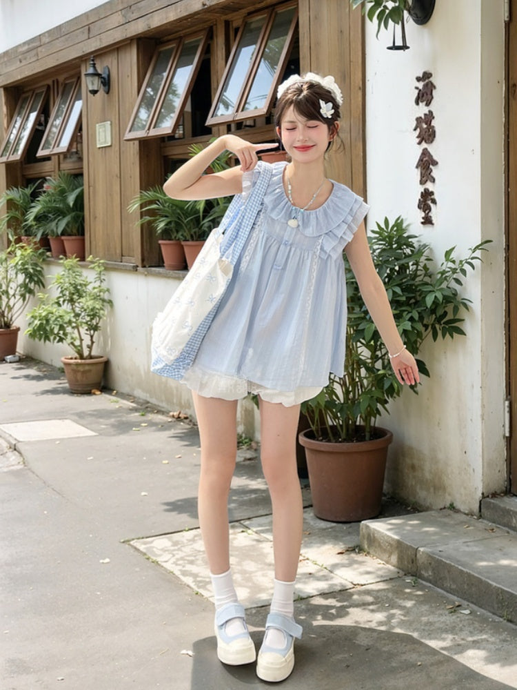 Sweet Tank Top Blue Peter Pan Collar Tiered Flutter Sleeves Bow Buttons