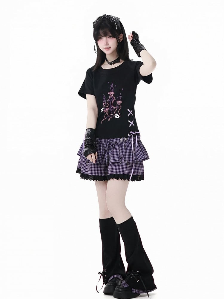 Y2K Purple Elastic Waist Lace Trim Plaid Skort