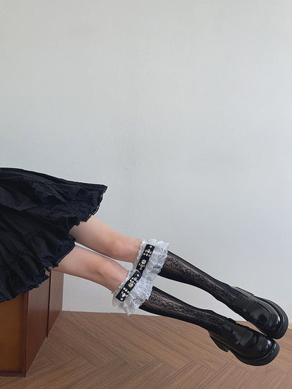 Underknee and Stockings with Edging Lace Hollow-out Decoration Rhinestone Black White