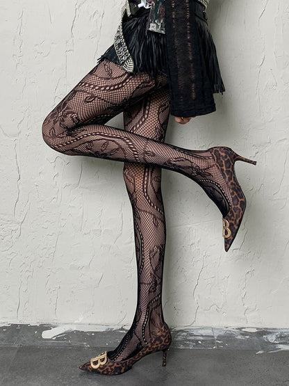 Black Y2K Floral Pattern Fishnet Tights