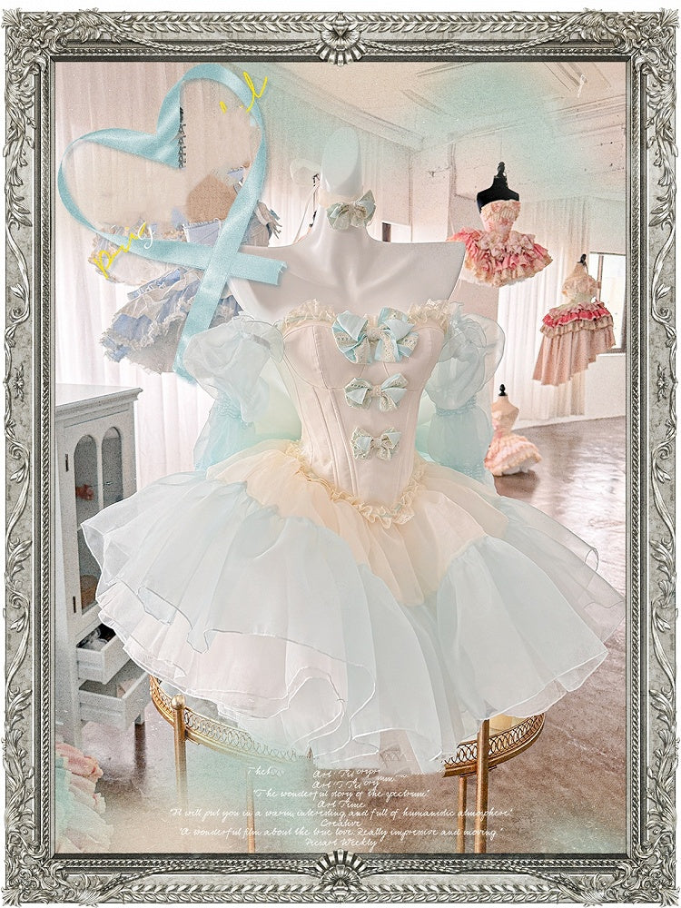 Green Bowknots Decoration Bodice Corset Top with and Puffy Skirt Yellow Set Balletcore