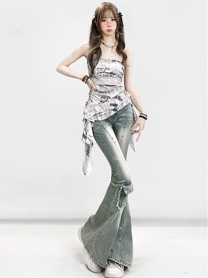 Strapless Asymmetrical Print White Top Letter Glamorous Hem Bittersweet