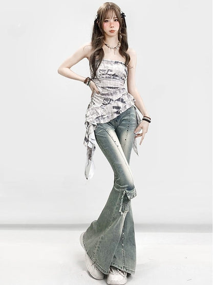Decorated Jeans Faded Cuffs Y2K Frayed Glamorous Blue Raw Flare Pocket Silhouette Wash and