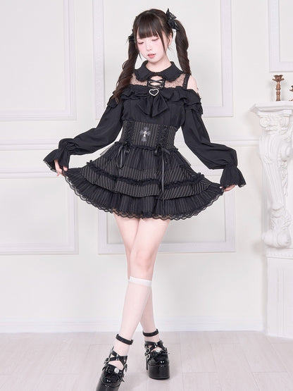 and Detail Long Top Illusion Sleeve Blouse Shoulder Jirai with Black Open Neckline Kei