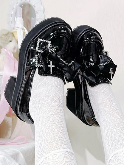 Black Polished Cross Decorated Bow Kei Rhinestoned Platform Buckles Loafers Jirai Chain