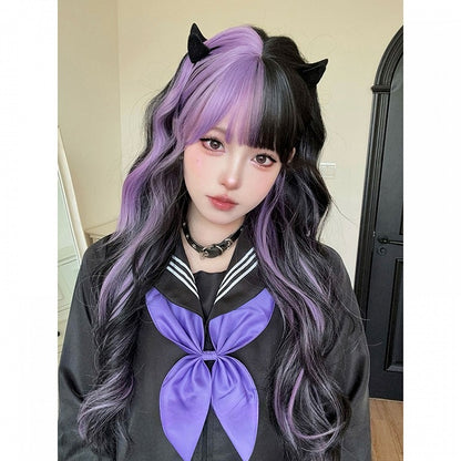PurpleBlack With Wig 74CM Bangs Length Wavy Air Split Color