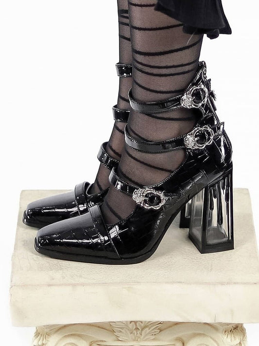 Polished Black Gothic Crocodile Buckle Straps Blood Drip High Block Heels