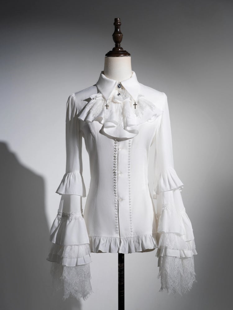 White Layered Bell Sleeves Gothic Lolita Shirt Cross Charm Pointed Collar