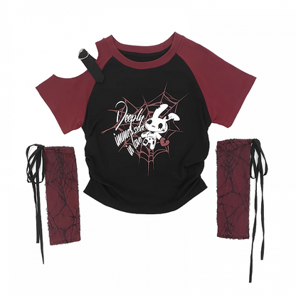 Free Red/Pink/Purple with T-Shirt Print Sleeves Y2K Cutout Shoulder Spiderweb