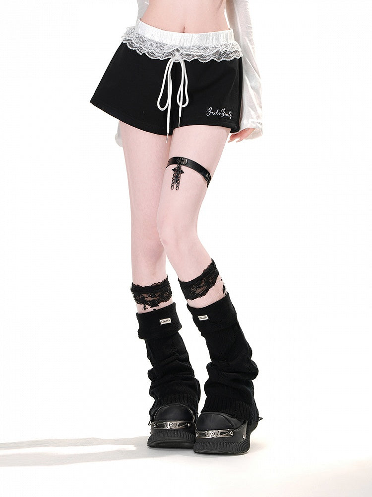 Trim Glamorous Waist Sports Wide-Leg Shorts Lace Black Drawstring