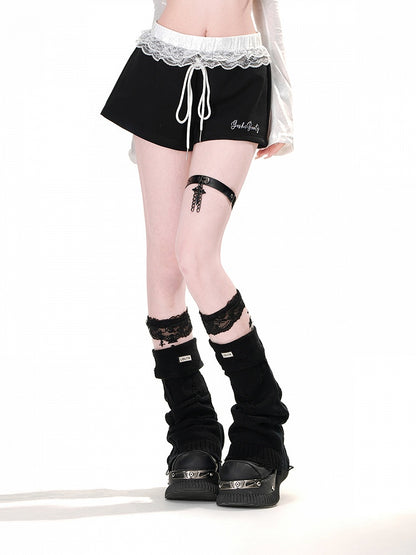 Trim Glamorous Waist Sports Wide-Leg Shorts Lace Black Drawstring