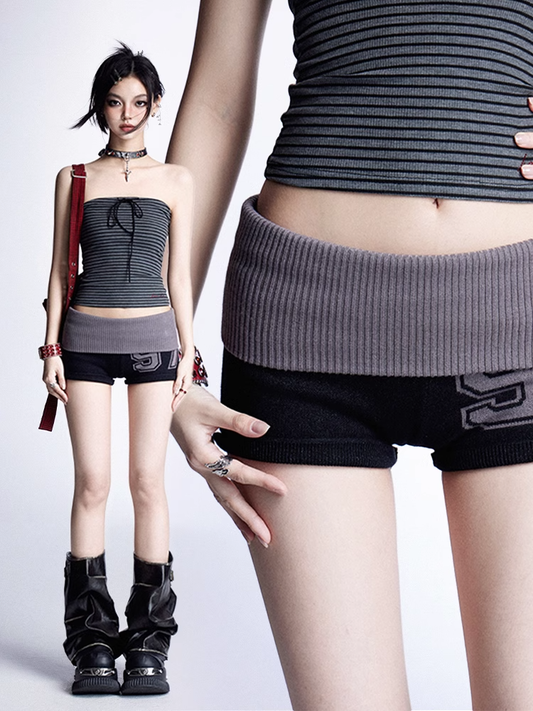 Black and Gray Colorblock Design Knitted Shorts Elastic Waist Vintage