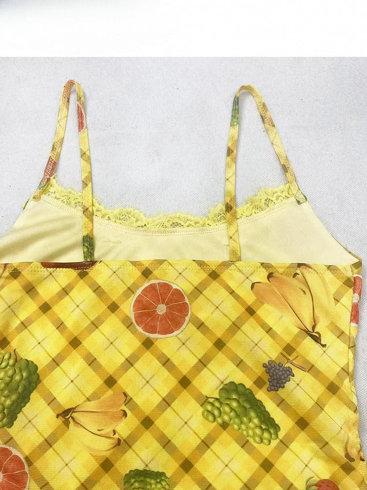 Y2K Pattern Plaid Letter Neck + Yellow Fruit Halter Cami Print Bittersweet Dress Top And Red