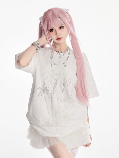 T-Shirt Coconut Tree Print Weiß Rundhals Tonal