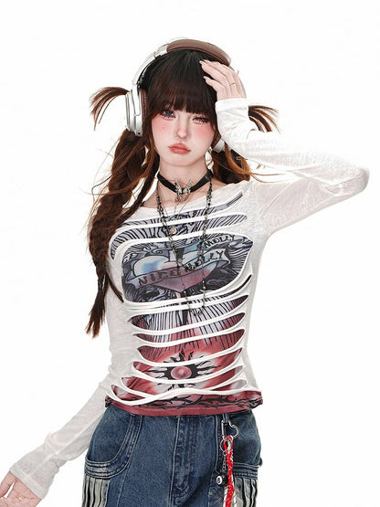 Black/White Round Neck Punk Glamorous Graphic Top
