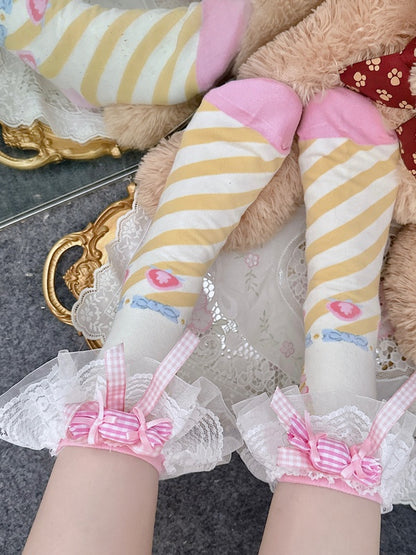 Pink&Yellow Sweet Lolita Bowknot Striped Pattern Calf Socks