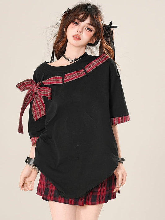 T-shirt Plaid Neckline Pattern Asymmetrical Bowknot Black/Gray