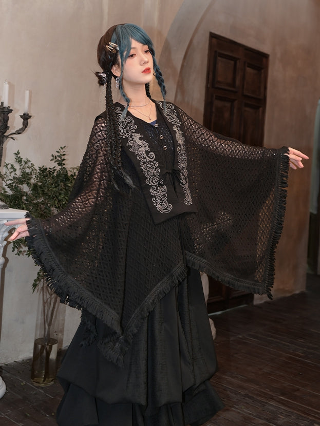 Tassel Embroidery Hem Black Cheongsam Cape Cardigan Style Detachable Seahorse with and Collar Hollow-out Coral
