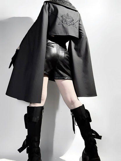 Sleeves XL Overlong Ouji Bodysuit Size Leather Exclusive + Futuristic Shorts Outfit Techwear Black Jacket Cropped Lolita -