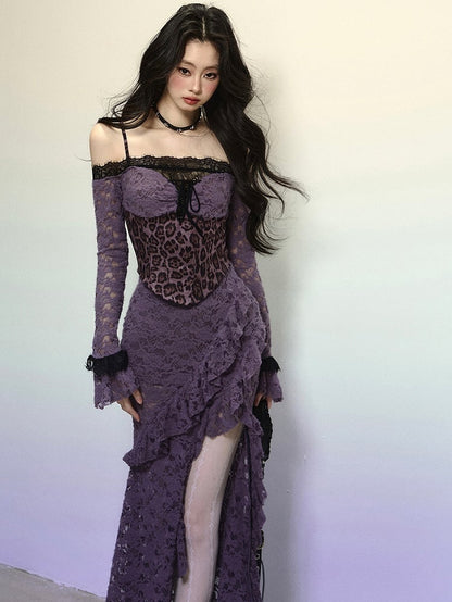 Purple Leopard Corset Bodice High Slit Flounce Hem Mermaid Skirt Off Shoulder Lace Dress Evening Gown