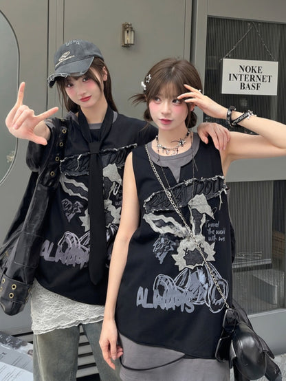 Bittersweet and T-Shirt Two-pieces Faux Black Applique Gray Bunny Pattern Letter
